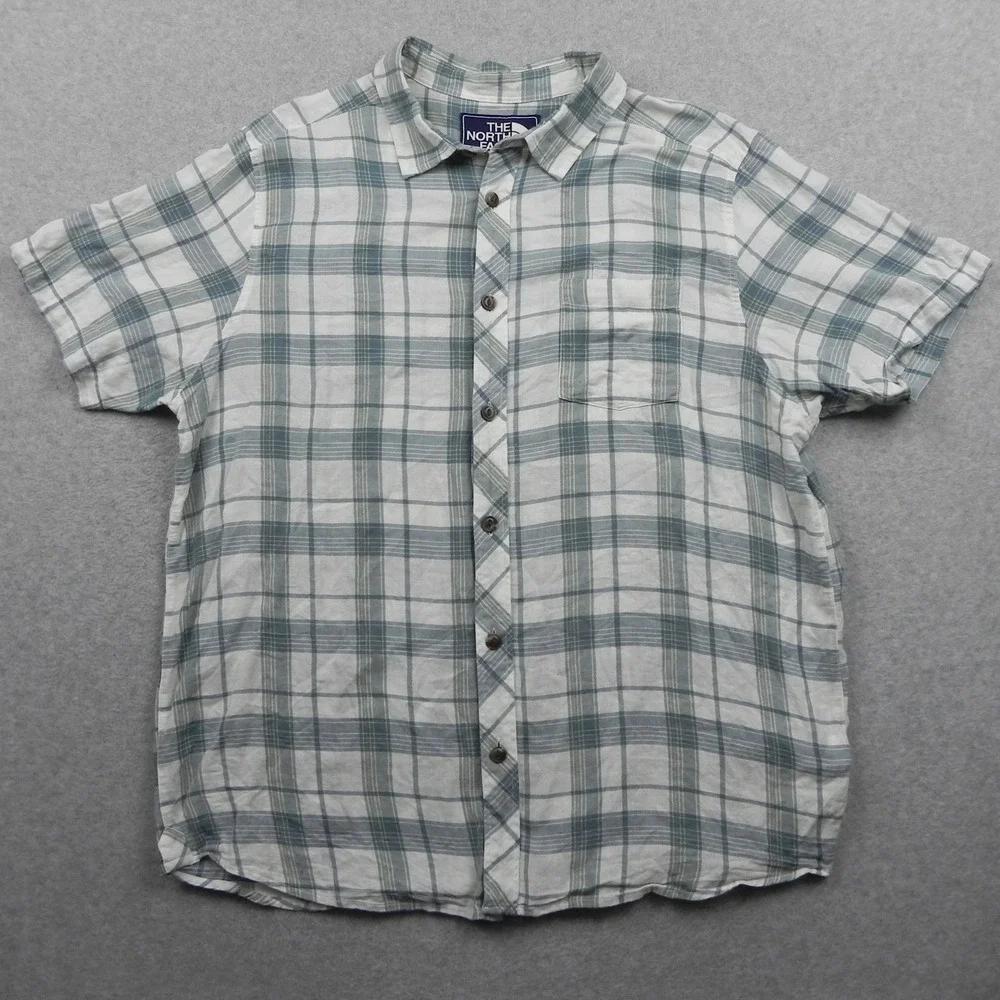 The North Face Button Up Shirt Mens XL Regular Green Plaid Short Sleeve Pocket